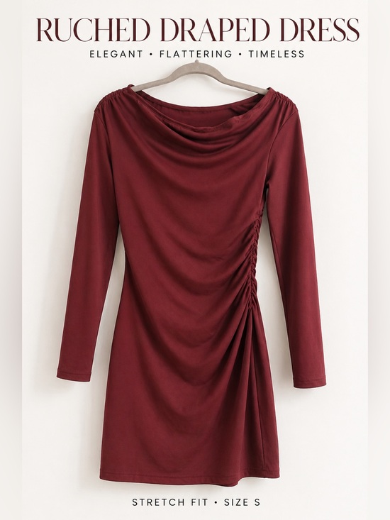 None Dresses & Skirts - 🌸 4/$20 Sale - Burgundy Draped Neck Ruched Dress – Long Sleeve Dress Small